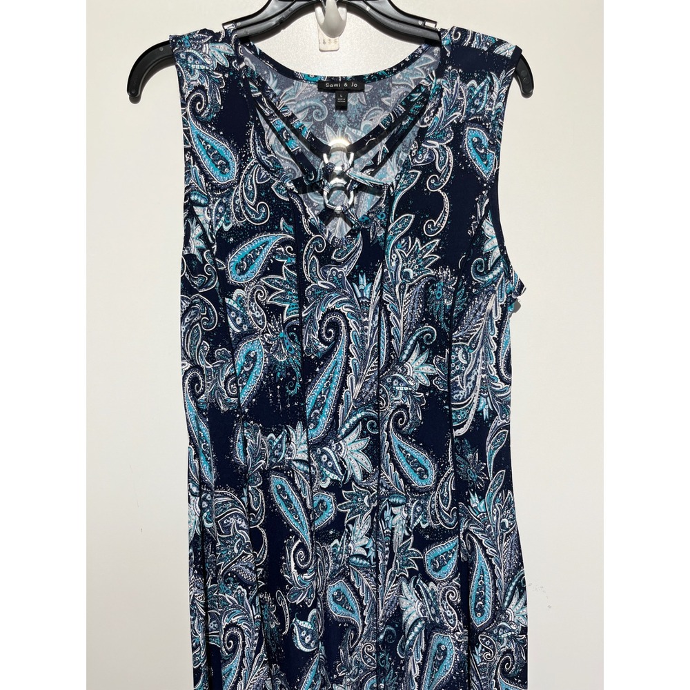 Sami & Jo Navy Teal Paisley Sleeveless Top Lattice Ring Neck Size Large